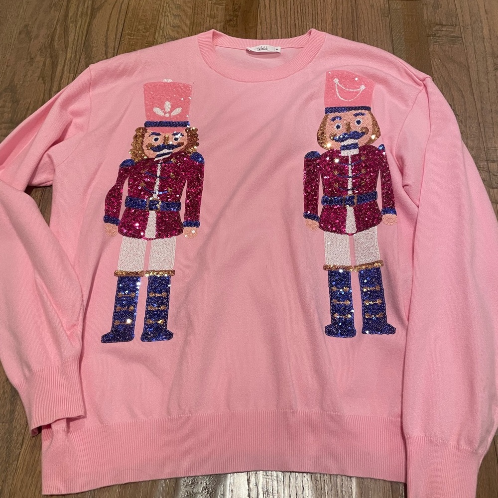 TALULAH Pink Sequin Nutcracker Crewneck Sweater